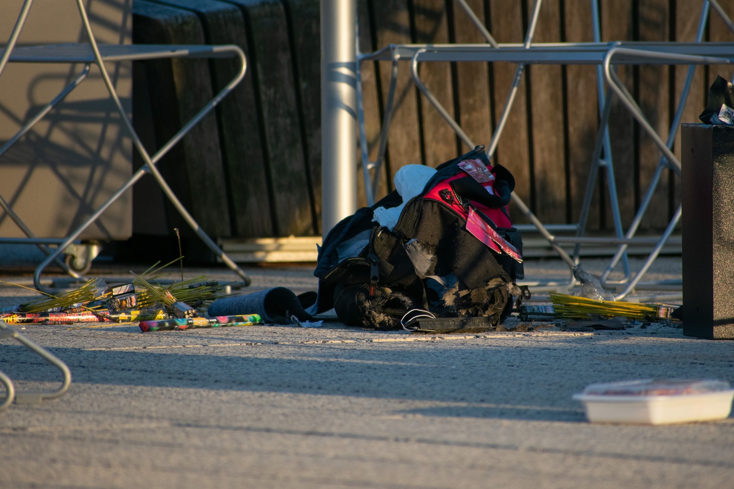 The suspicious bag in Smith Center Plaza, which contained fireworks, wiring, and a metal safe.