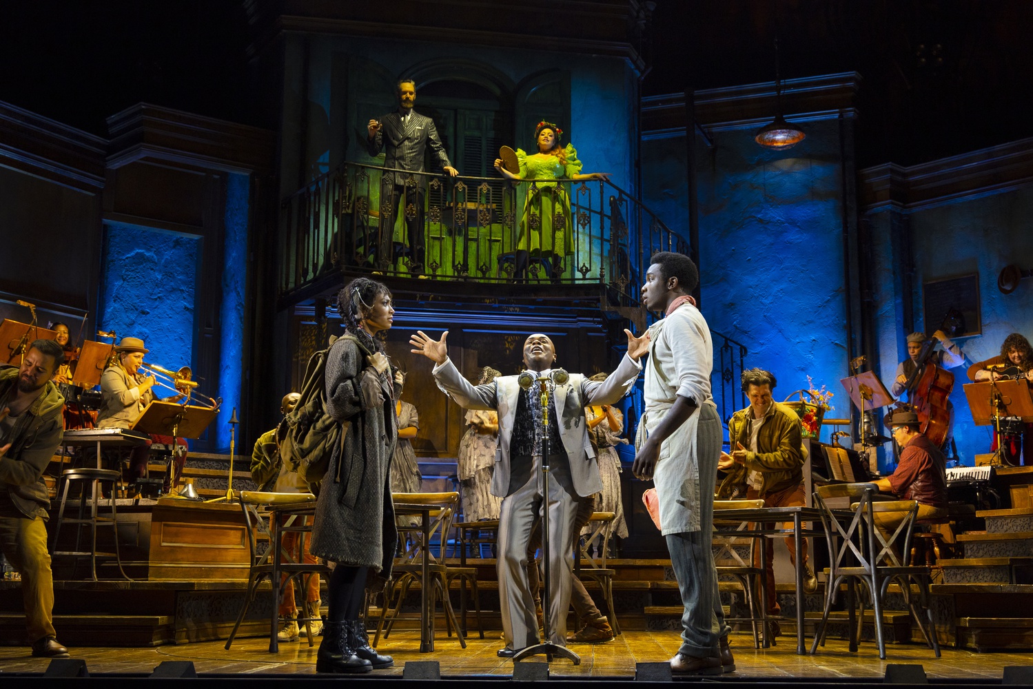 Matthew Patrick Quinn, Maria-Christina Oliveras, Chibueze Ihuoma, Nathan Lee Graham, Hannah Whitley and company in Hadestown North American Tour 2022.