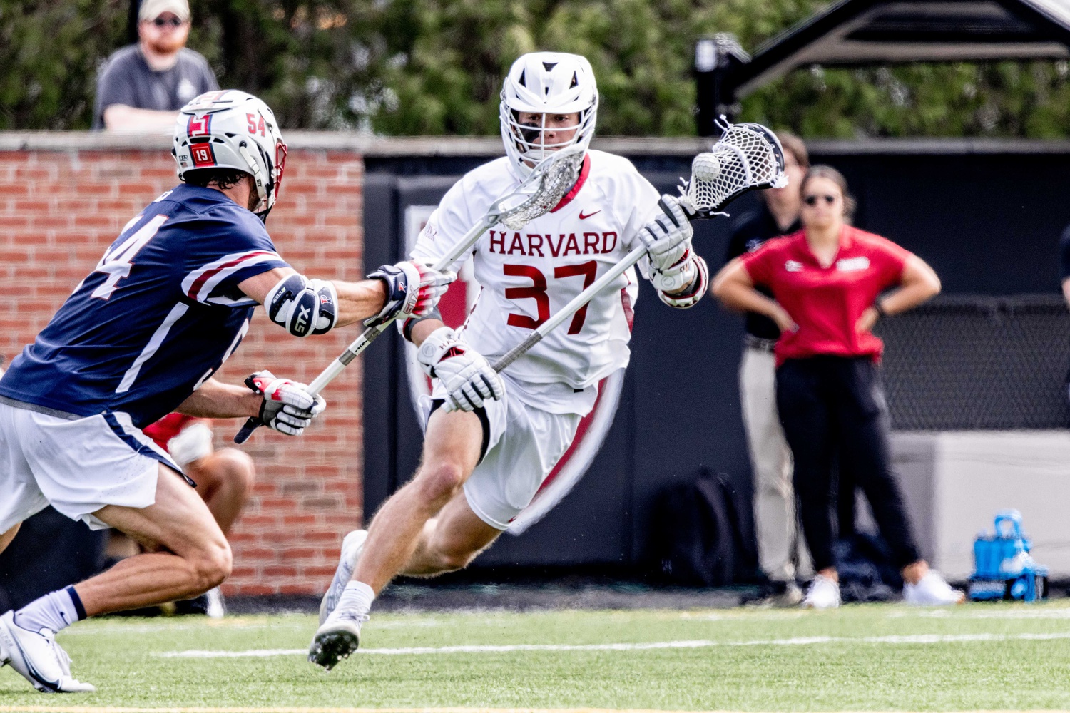 Sophomore attacker Joe Dowling surges up the field with the ball against Penn on April 15.