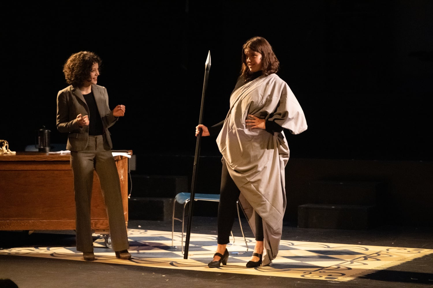 Andreea Haidau '26 and Julianna J. Poulson '26 perform in Harvard's 28th First-Year Musical, "Post Mortem."