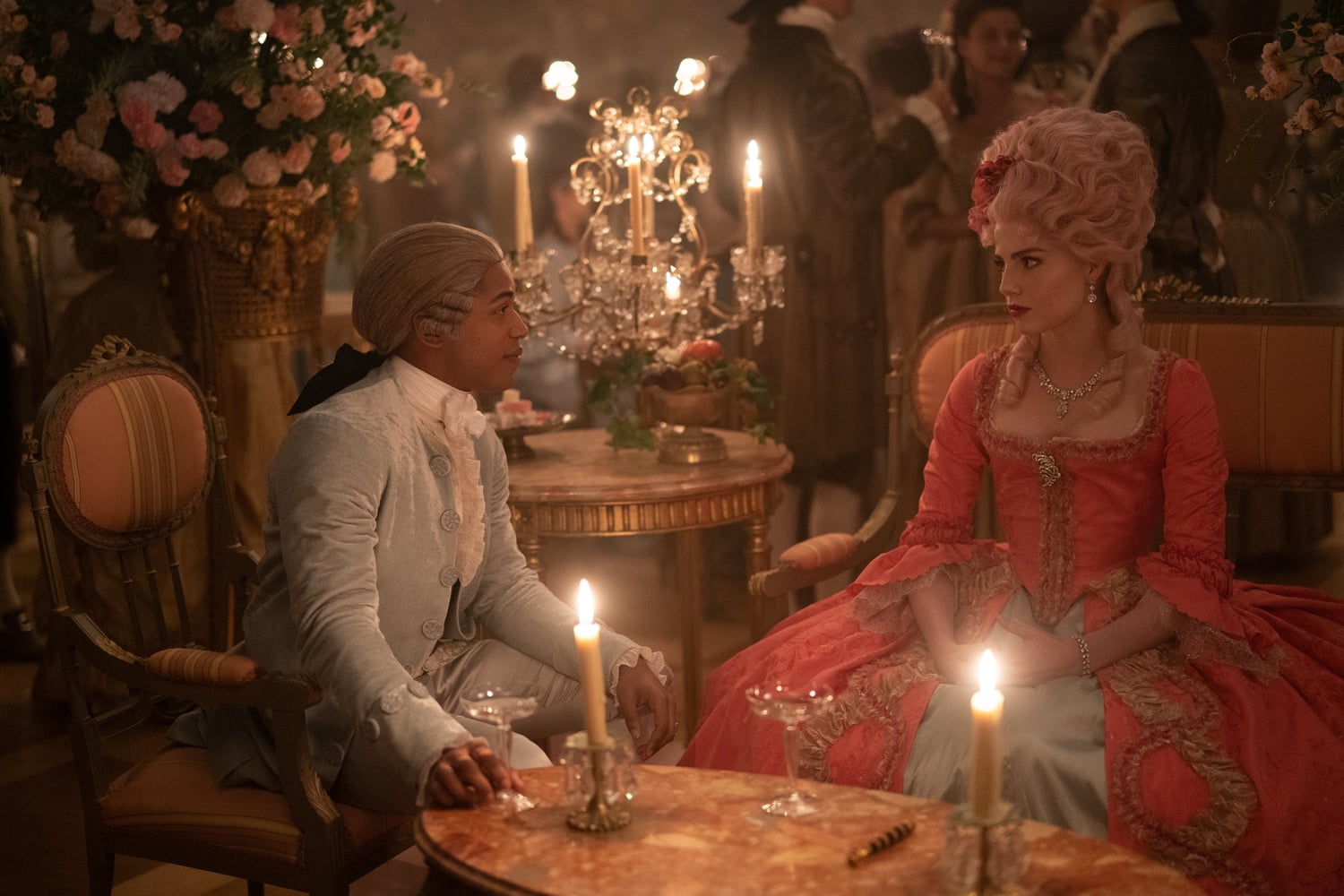 Kelvin Harrison Jr. as Joseph Bologne and Lucy Boynton as Marie Antoinette in "Chevalier."