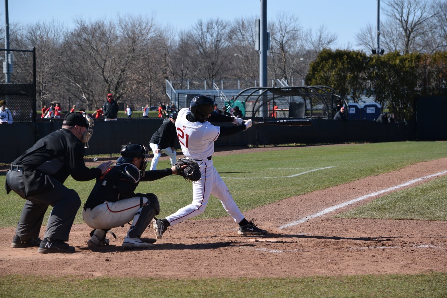 First-year outfielder Max Lane follows through on his swing against Princeton on April 2.