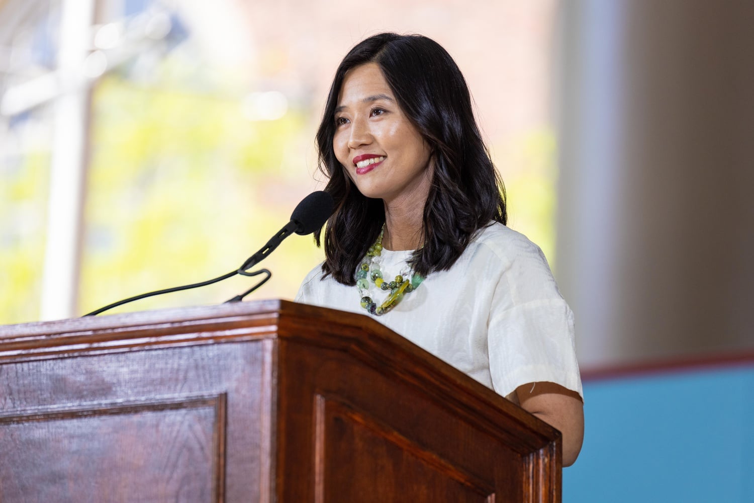 Boston Mayor Michelle Wu '07 speaks at Harvard's 2022 Class Day ceremony. She announced her re-election campaign on Saturday.