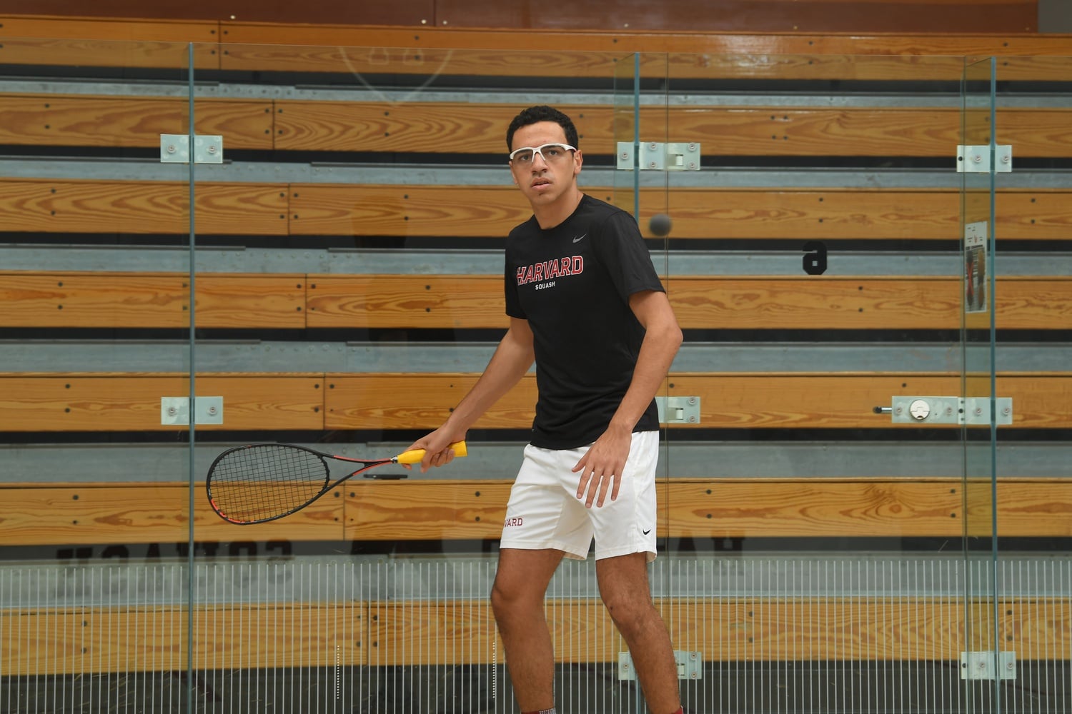 Senior captain Marwan Tarek of Harvard men's squash locks in at a match during the 2023 season. Tarek was recently named the 2023 Skillman Award Recipient, alongside a number of other records set in Harvard's books.