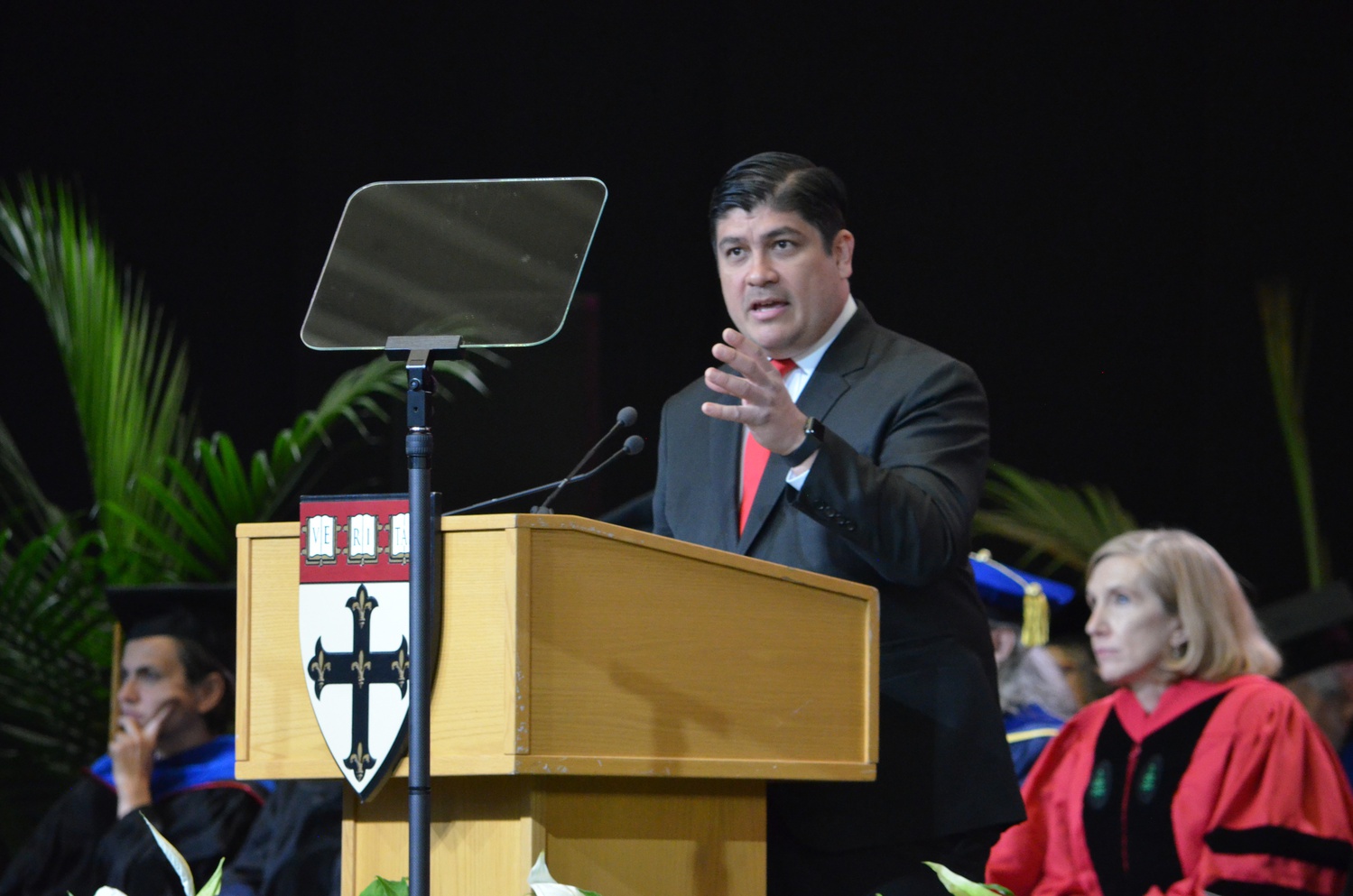 Former President of Costa Rica Carlos Alvarado Quesada speaks to graduating students at the Harvard School of Public Health for their Class Day ceremony,