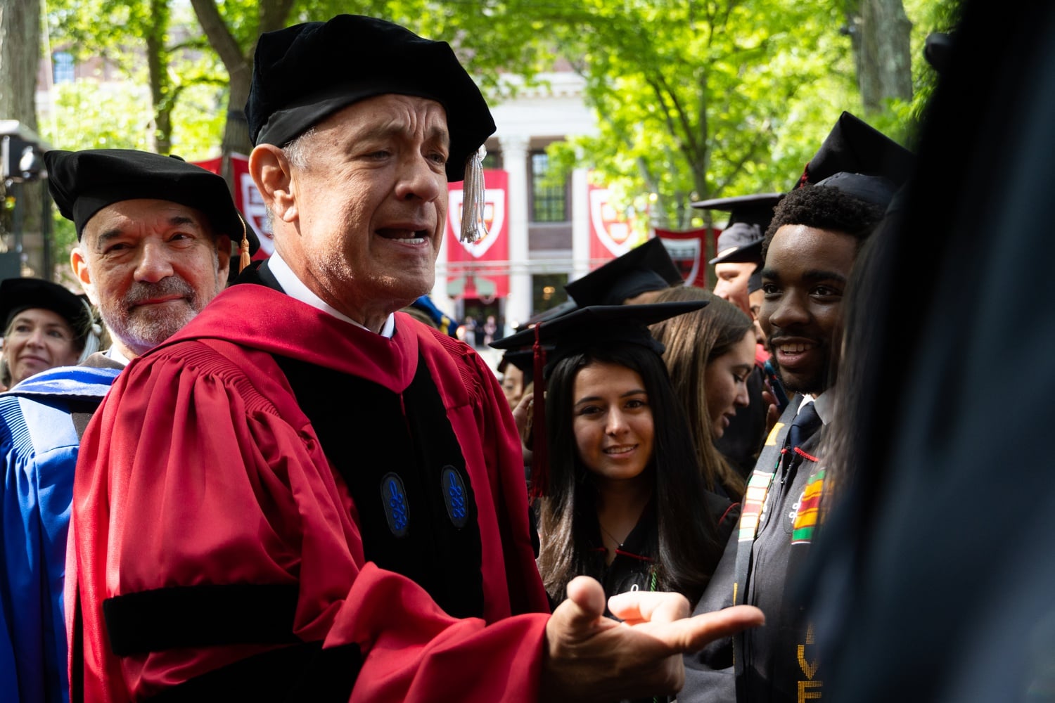 Tom Hanks addresses processing students ahead of his Commencement address to graduating students in the Class of 2023.