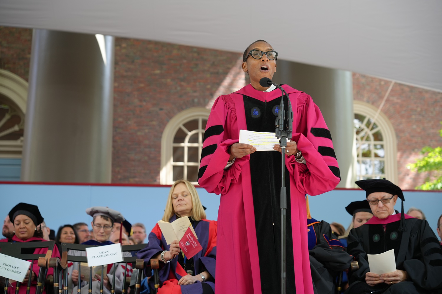 Harvard President-elect Claudine Gay, acting in her capacity as dean of the Faculty of Arts and Sciences, introduced the degree conferral part of Thursday morning’s Commencement ceremony.