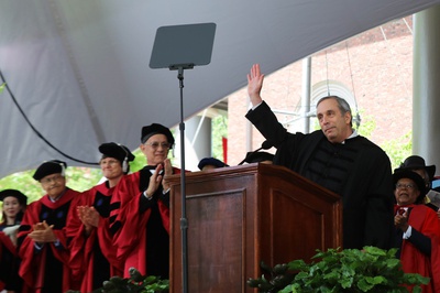Cover image for President Bacow Bids Farewell to Harvard, Confers 1,850 College Degrees at 372nd Commencement