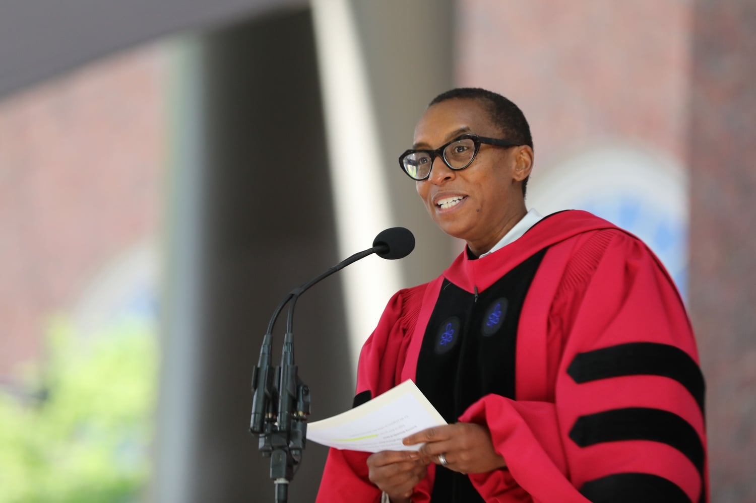 Claudine Gay, who took office as Harvard's 30th president on Saturday, speaks at the Class of 2023 Commencement exercises in May.