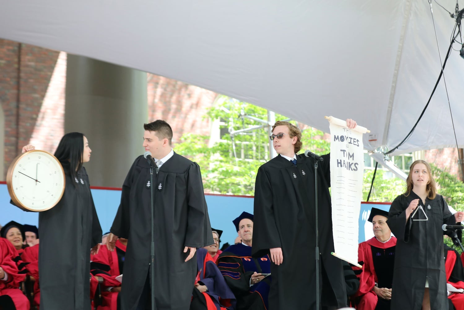 Members of Hasty Pudding Theatricals put on a three-minute musical number commemorating Hanks'  long career.