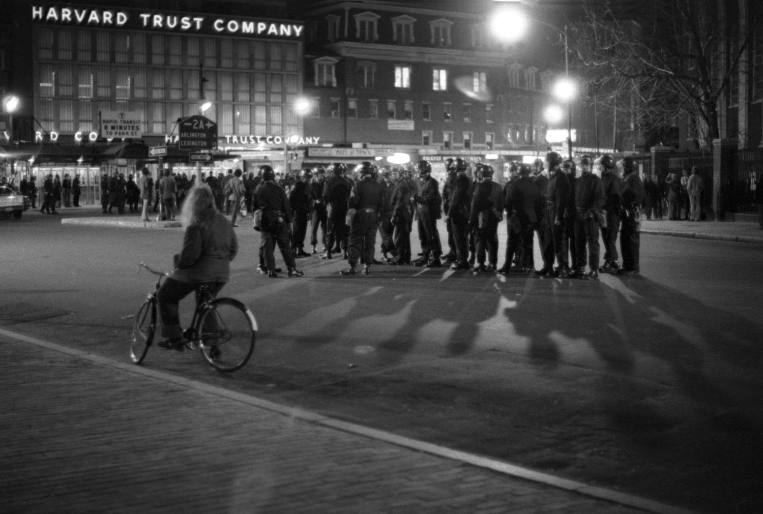Riot police gather in Harvard Square amid anti-war protests in April 1972.