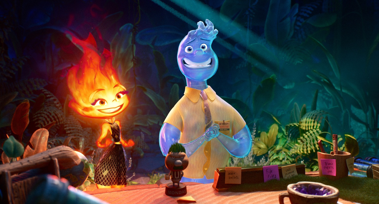 Ember (voiced by Leah Lewis) and Wade (voiced by Mamoudou Athie) in Pixar's "Elemental."