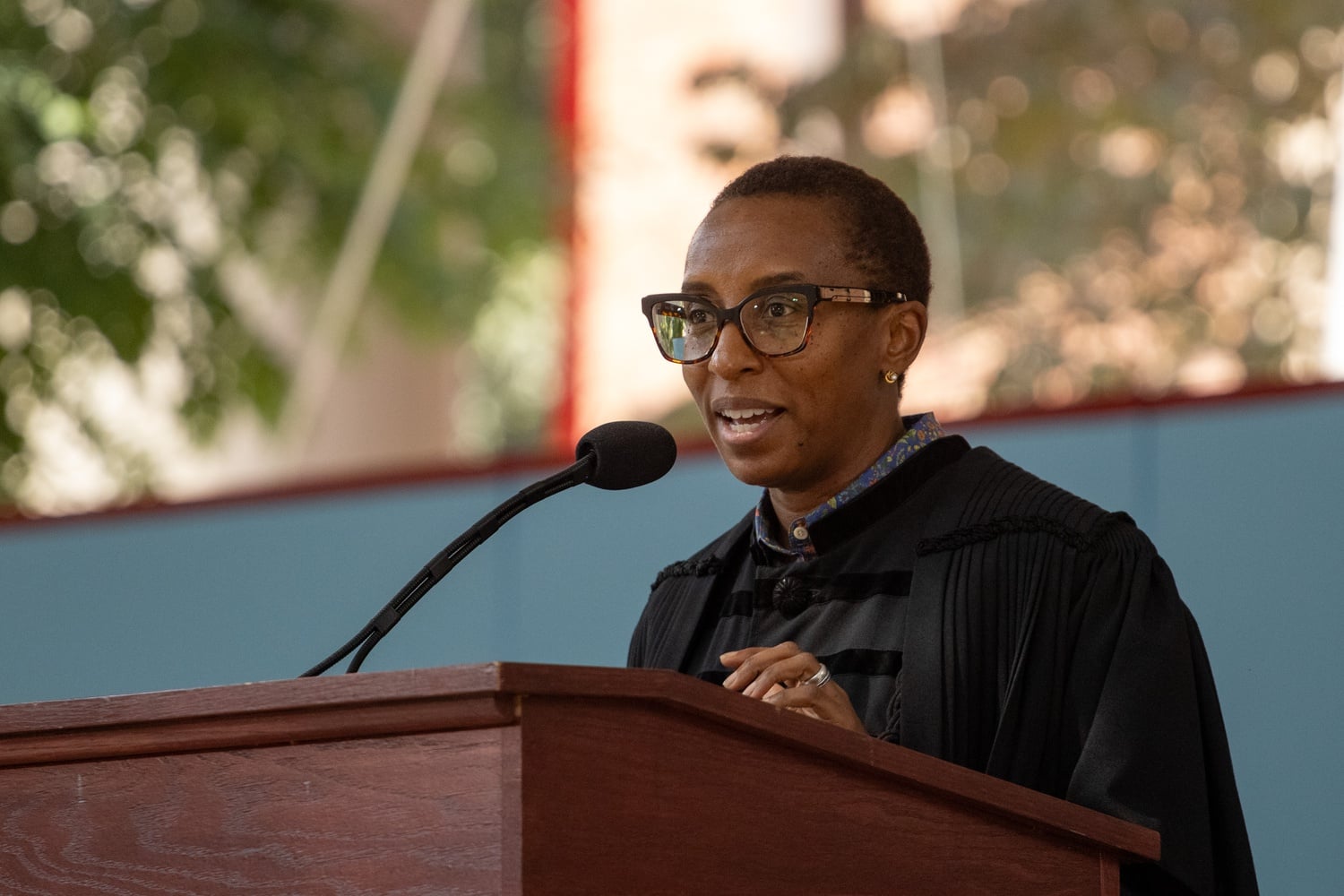 Harvard President Claudine Gay speaks at the Class of 2027 Convocation in Tercentenary Theatre, where she will be inaugurated at the end of the month.