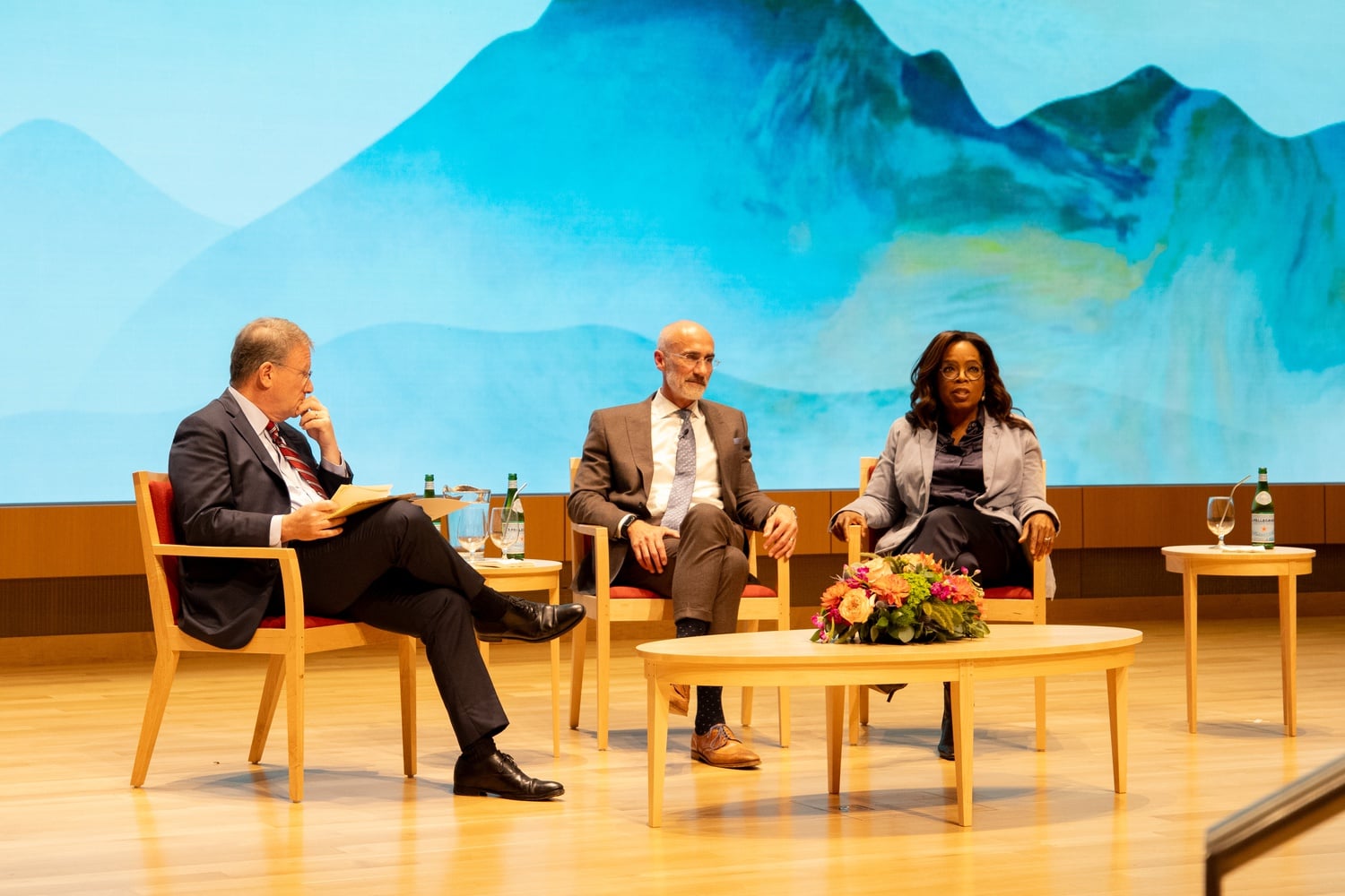 Oprah Winfrey, right, speaks at the Business School alongside co-author Arthur C. Brooks.
