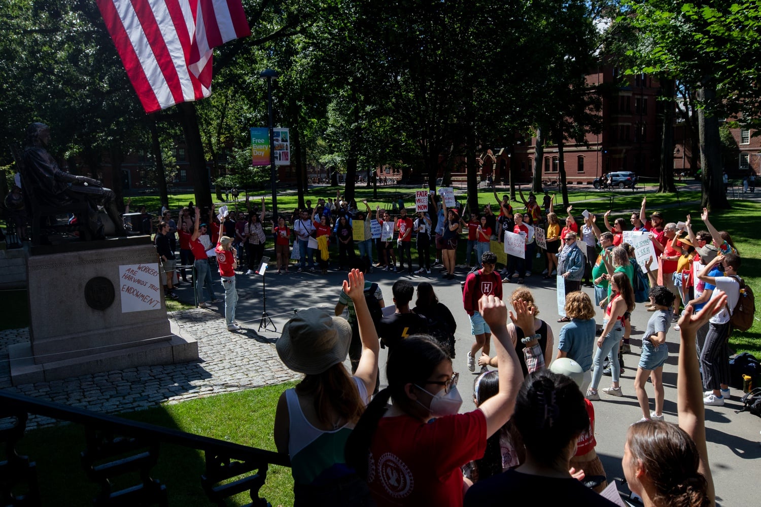 Harvard's graduate student union rallied in September for a pay increase to bring wages to $48,779 per year, or $23.45 per hour.