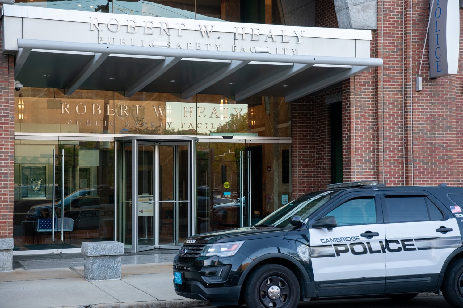A Cambridge police vehicle parks outside the Robert W. Healy Public Safety Facility.