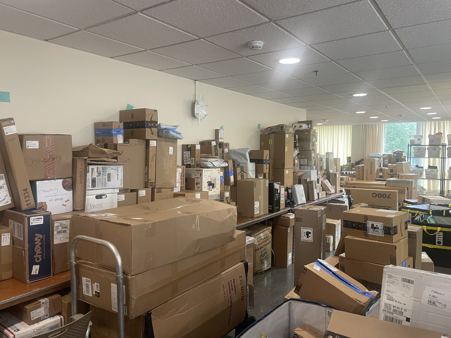 The Currier Mail Center is filled with packages in August. In just under a month, Harvard College processed more than 40,000 parcels for students.