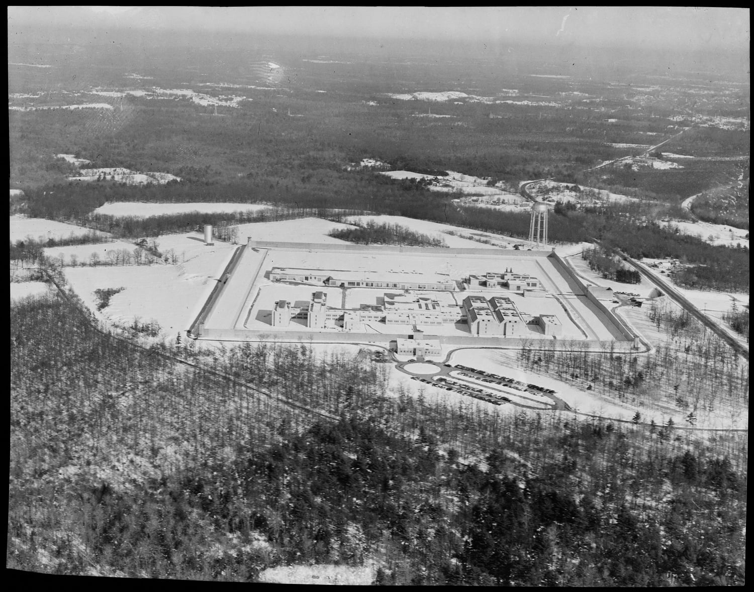 Aerial view of the Walpole Prison and surrounding area taken on January 14, 1958.