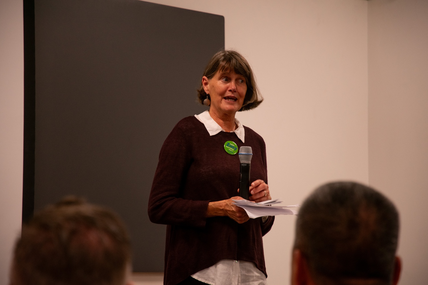 Catherine Zusy speaks at the Harvard graduate student union's Cambridge City Council candidate forum on Tuesday night.