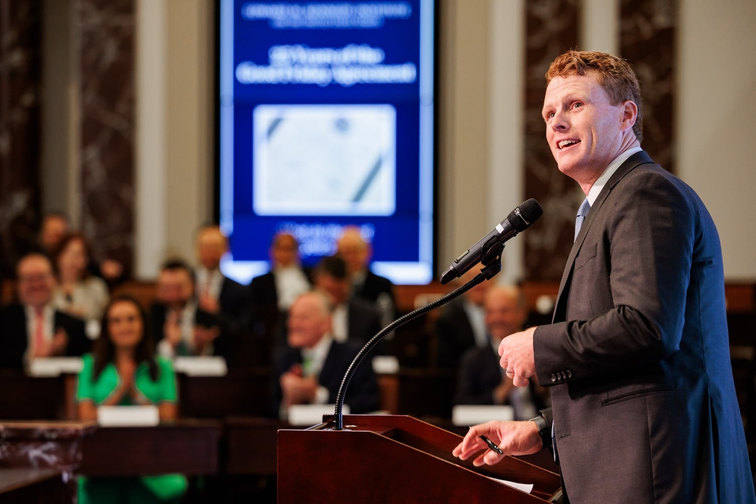 Joe Kennedy III, the United States special envoy to Northern Ireland, speaks at a celebration of the 25th anniversary of the Good Friday Agreement on Tuesday.