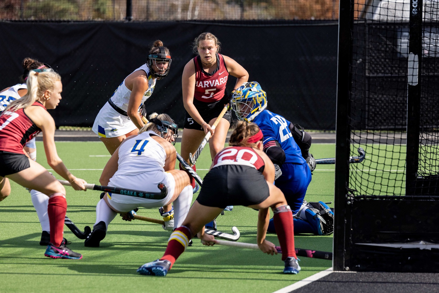 Senior captain and defender Mazarine Broze stands by Delware's goal for a shot on net in the Crimson's 2022 matchup against the Blue Hens, where it won 2-1.