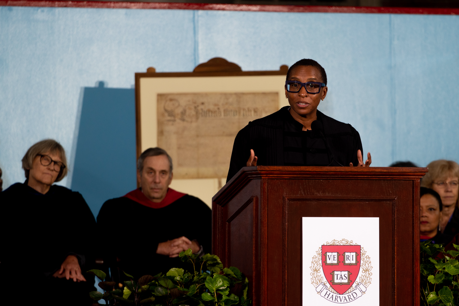 Harvard President Claudine Gay takes the podium at her inauguration Friday.