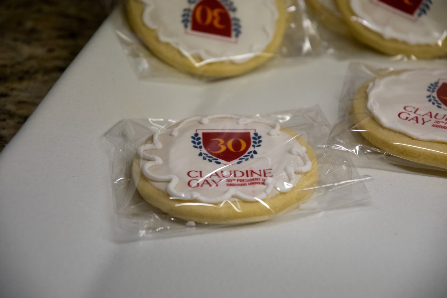 Harvard President Claudine Gay's inauguration is commemorated on dining hall cookies in the upperclassmen houses.