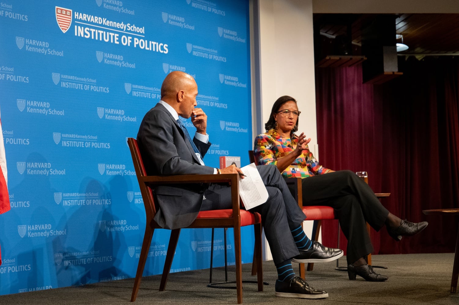 Former National Security Advisor Susan E. Rice, right, and Massachusetts Governor Deval L. Patrick '78 spoke about upheaval in the House of Representatives at a Harvard Institute of Politics forum Wednesday.
