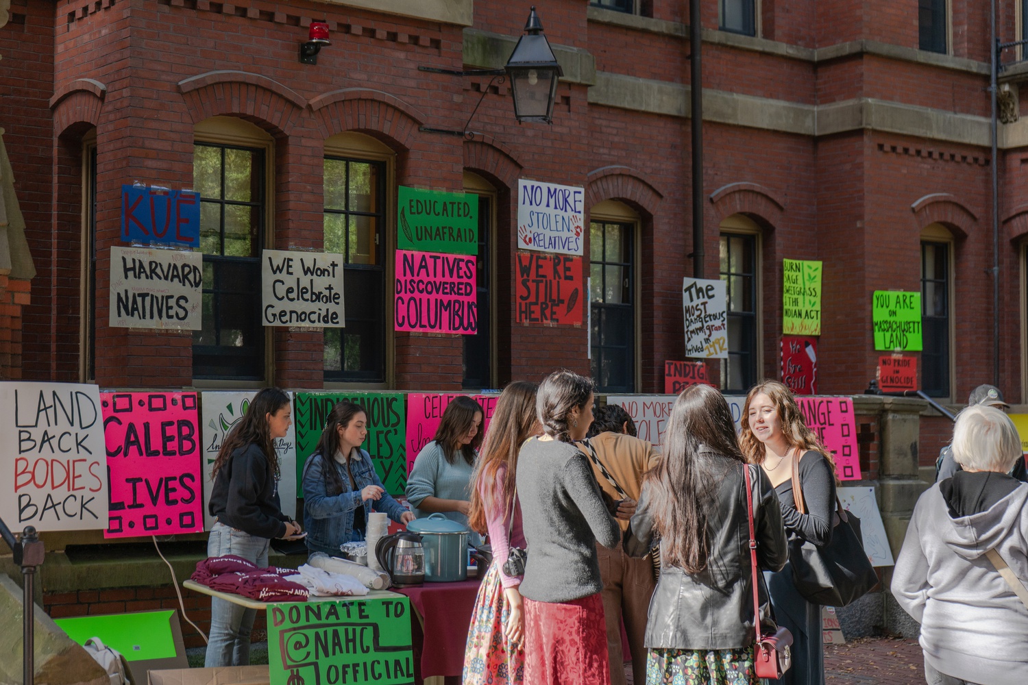 Natives at Harvard College and Harvard University Native American Program co-hosted an Indigenous Peoples Day celebration Monday in front of Matthews Hall. They hosted an open mic for performers with a keynote speaker featured.