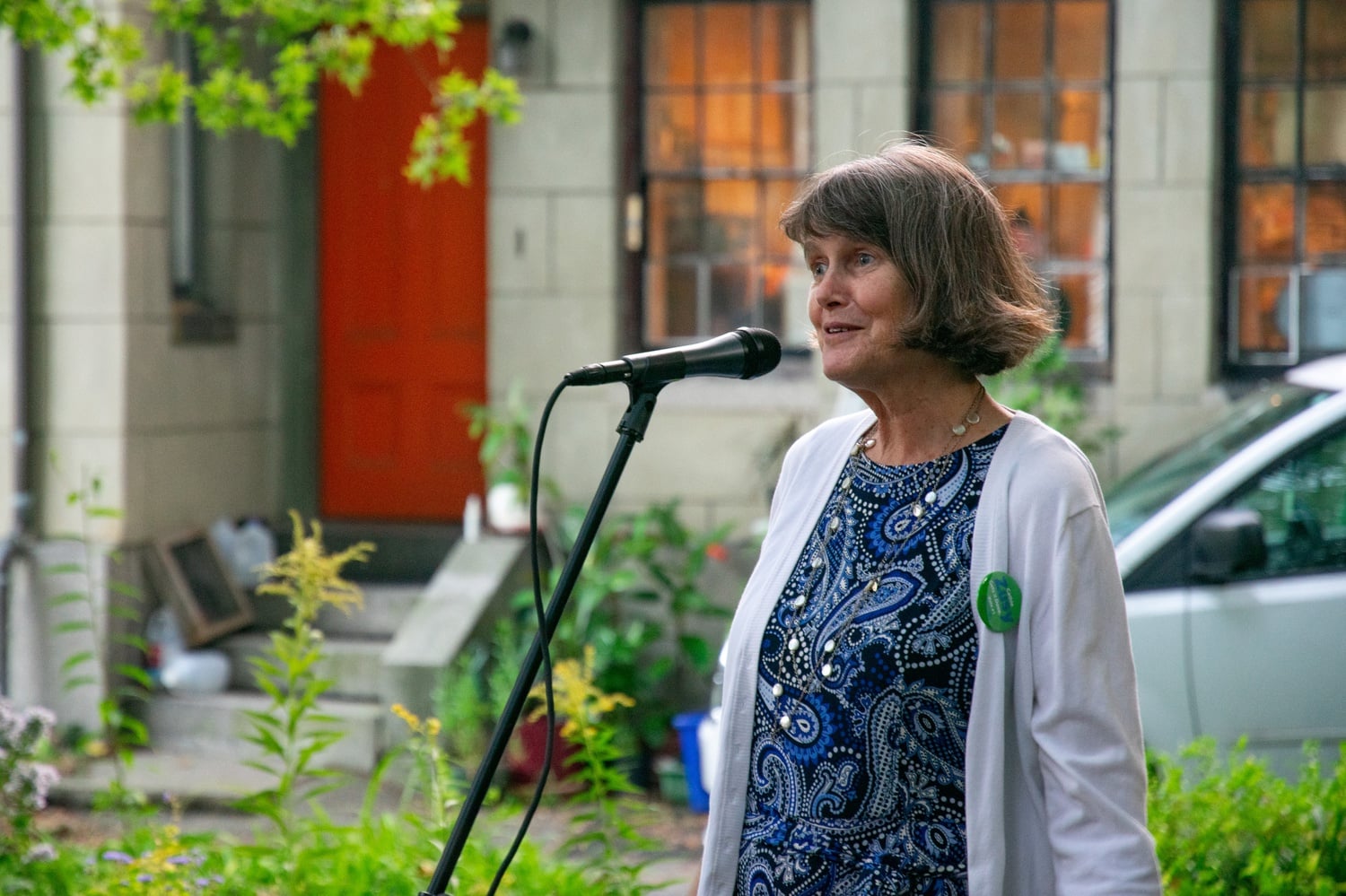 Cathie Zusy speaks at an event for candidates endorsed by the Cambridge Citizens Coalition.