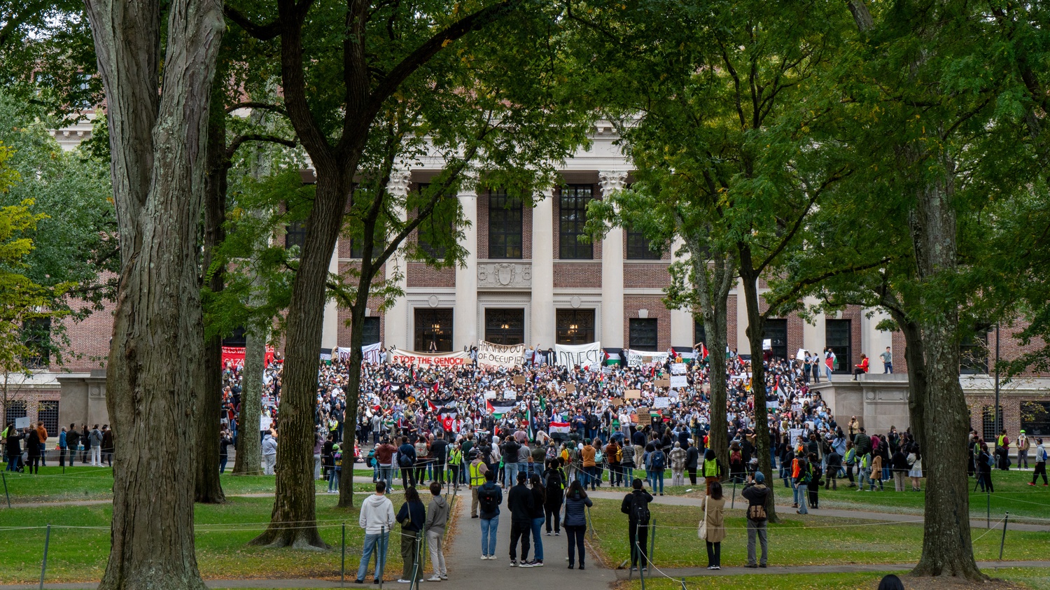 The weekend of Oct. 14 saw thousands of people gather on the steps of Widener Library, some to condemn the University for a lack of support of Palestinian students on Saturday and others to stand in solidarity with Israel and mourn the civilian deaths of the Oct. 7 invasion the next day.