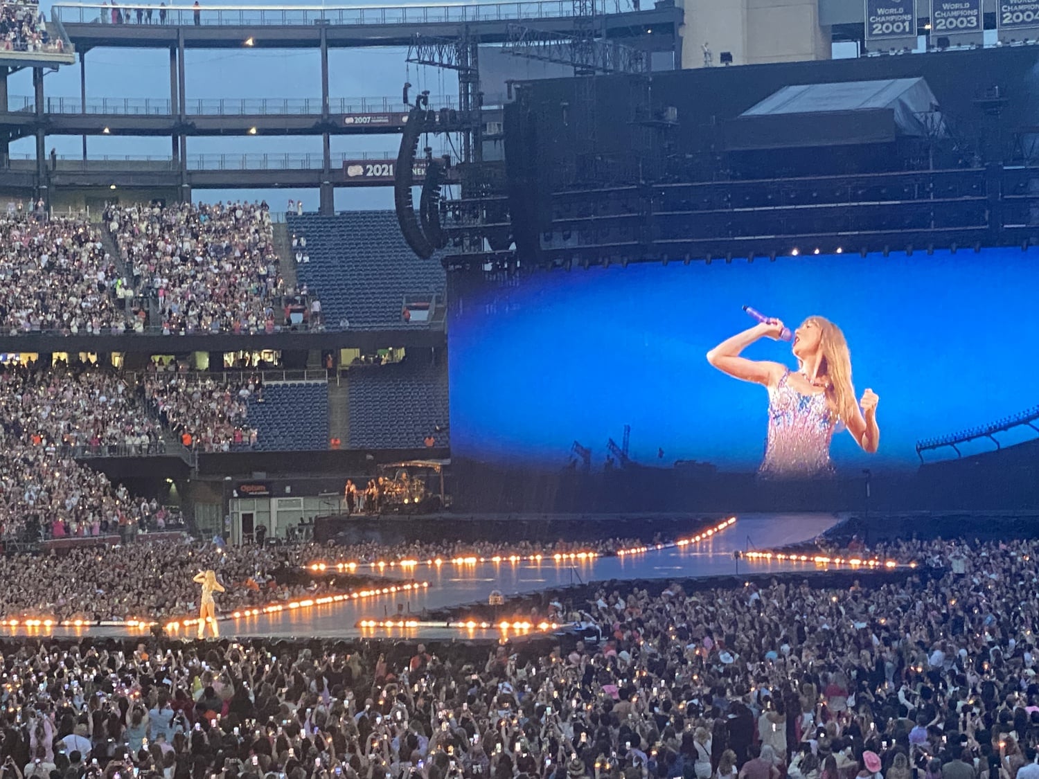 Taylor Swift performing at Gillette Stadium during "The Eras Tour."