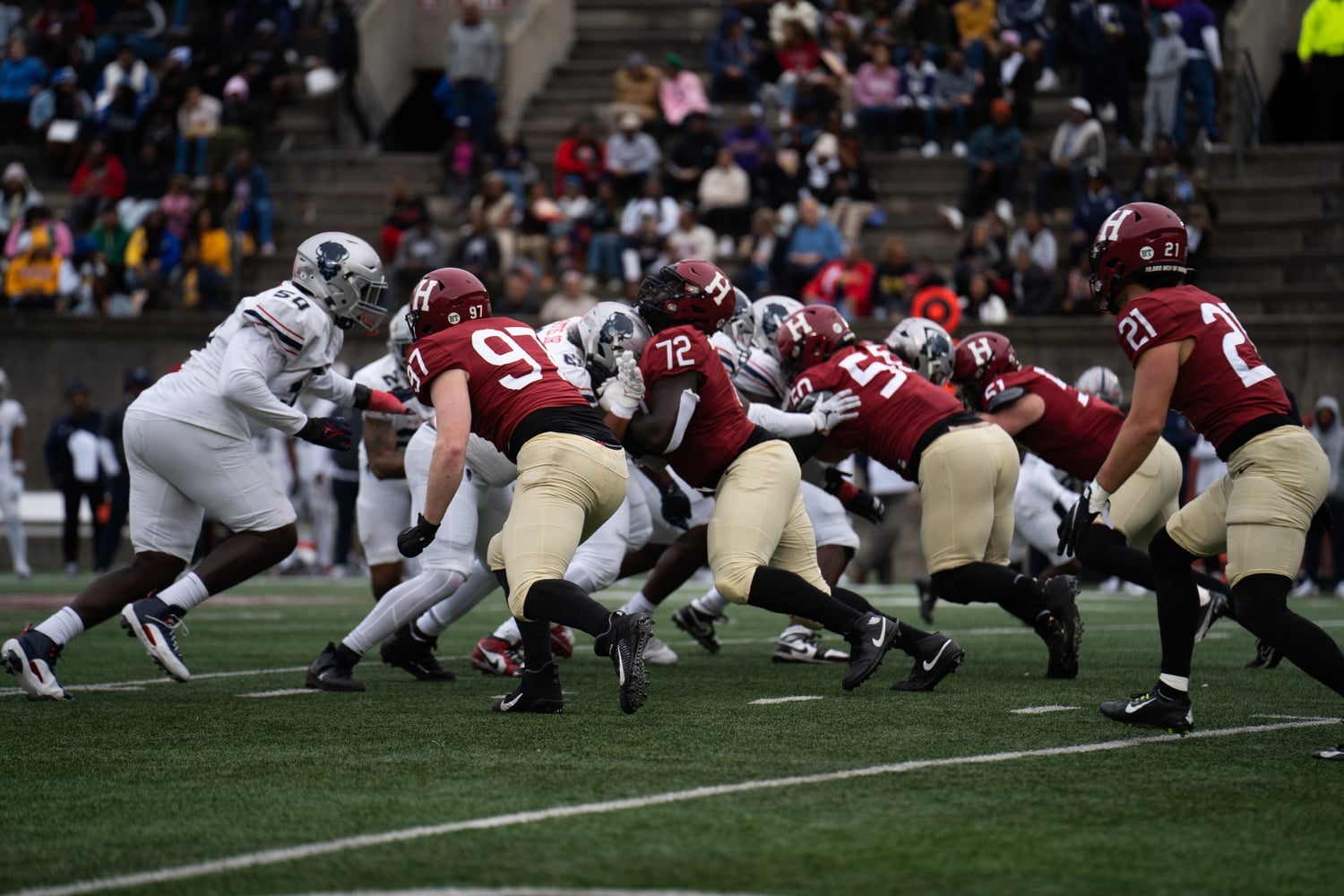Harvard's defense lines up against Howard's offense at the Crimson's Oct. 14 game in Harvard Stadium. The Crimson defeated the Bison by a decisive 48-7 score.