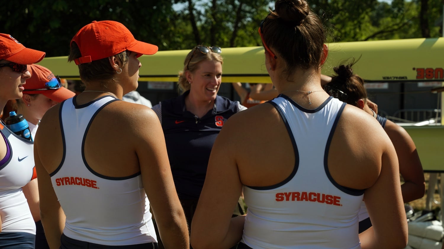 Then-Syracuse women's rowing head coach Claire Ochal speaks to her athletes at an NCAA tournament. This year, Ochal replaced long-time Harvard-Radcliffe heavyweight head coach Liz O'Learly this year.