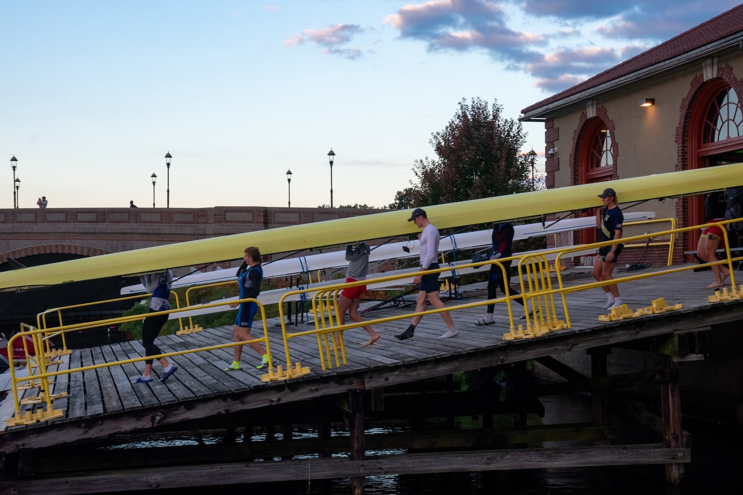 The Harvard men's heavyweight rowing team gets set to launch before an early morning practice on October 19, 2023.