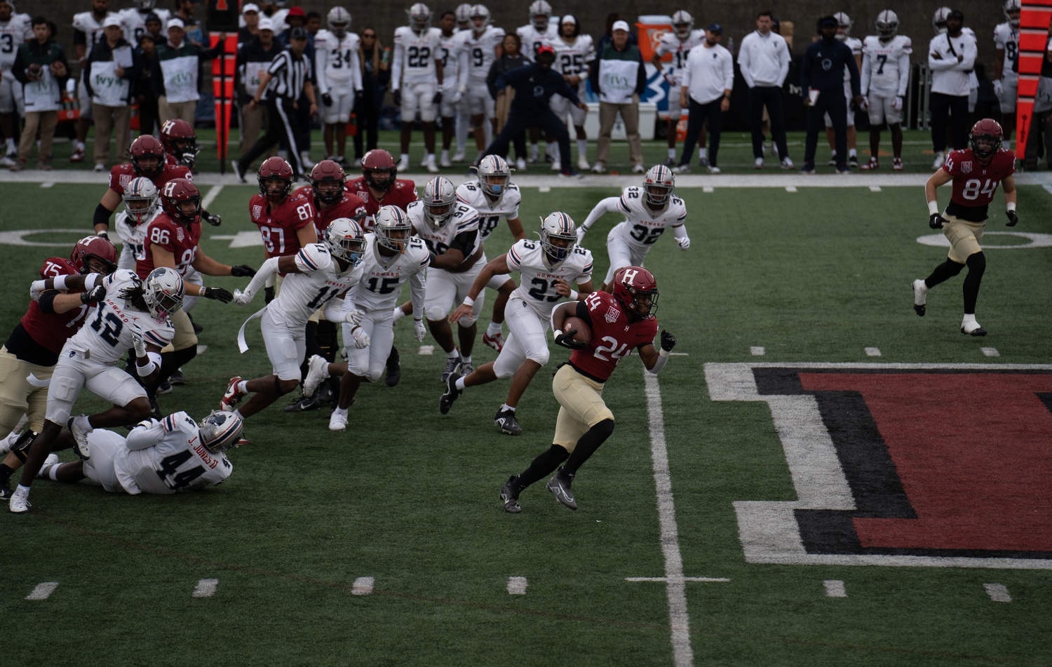 Junior running back Malik Frederick breaks free from the Howard defense on October 14, 2023.