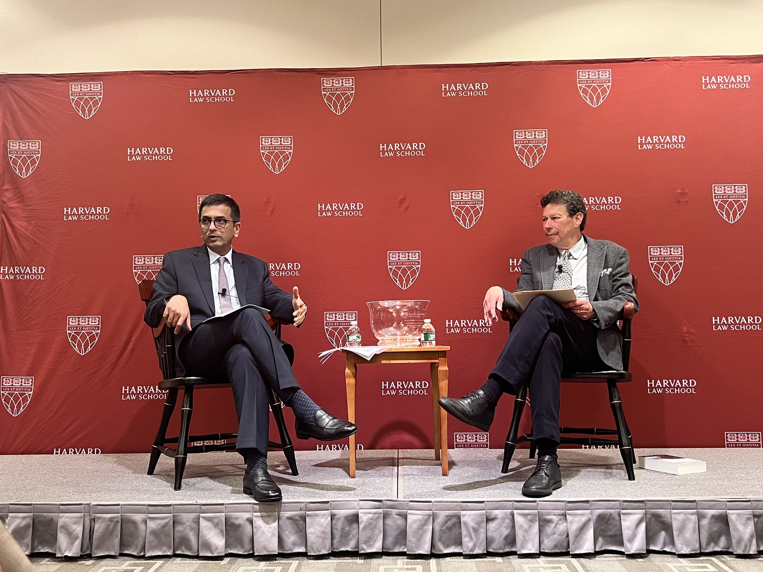 Indian Chief Justice Dhananjaya Y. Chandrachud spoke with Harvard Law Professor David B. Wilkins '77 at a Law School event Saturday.