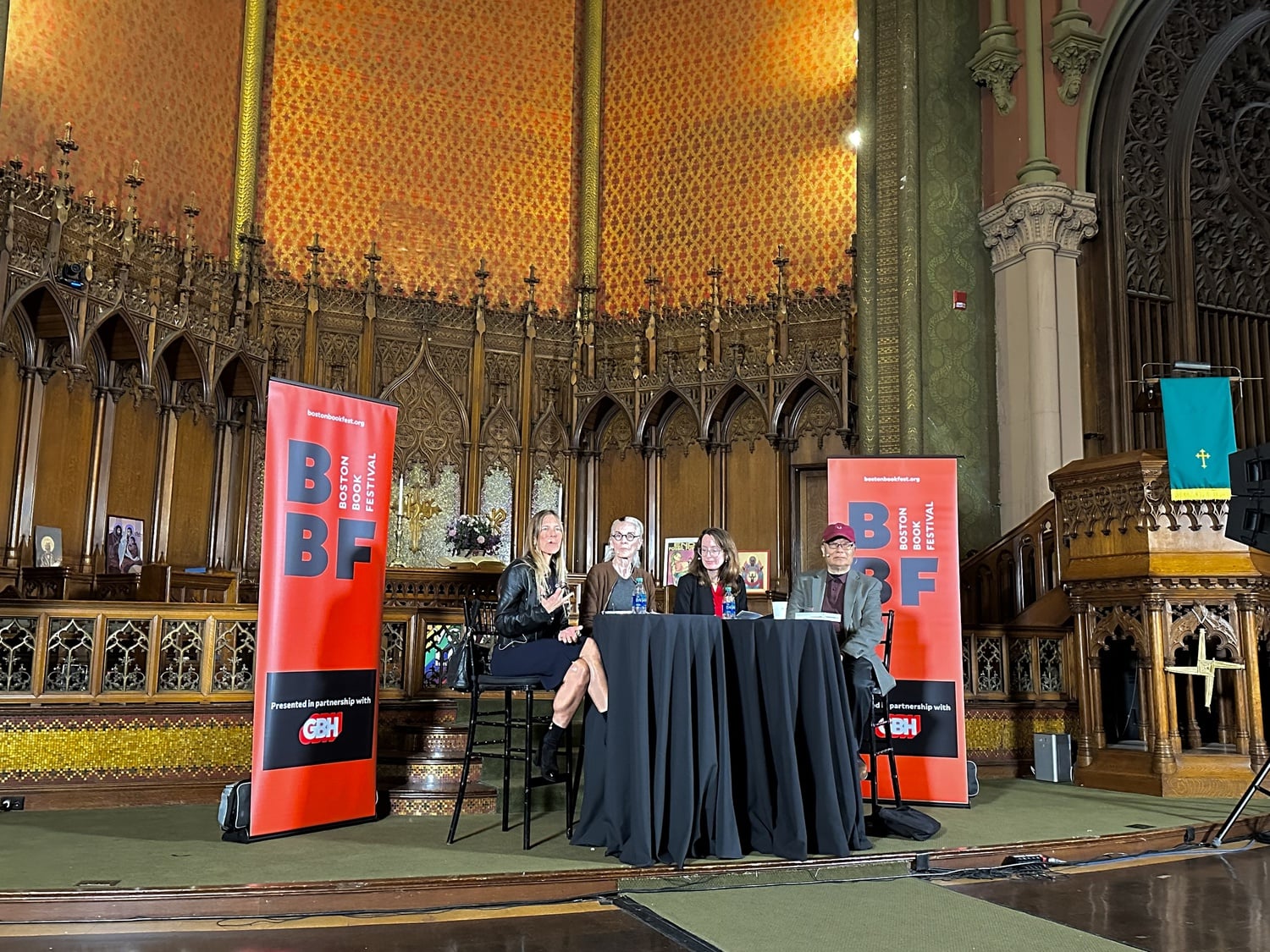 The Boston Book Festival’s panel “Deconstruction of Myth” featured authors Emily Wilson, Ha Jin, and Susanna Moore, moderated by author Dawn Tripp.