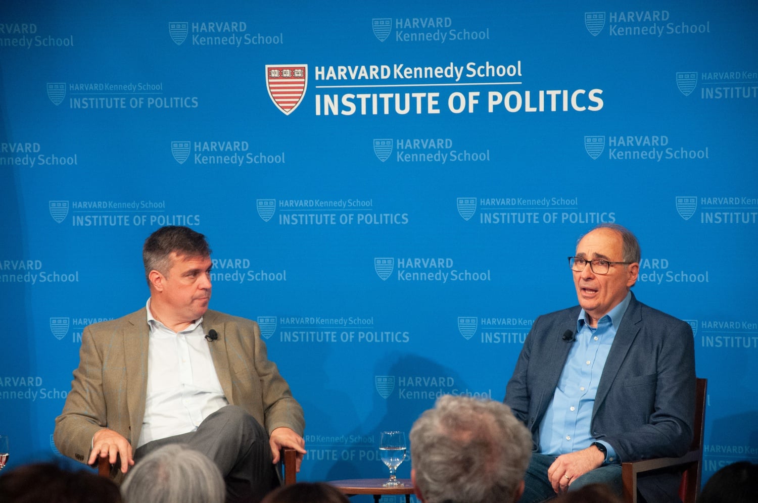 Former Obama adviser David Axelrod, right, spoke about the 2024 presidential election at a Monday Institute of Politics forum.