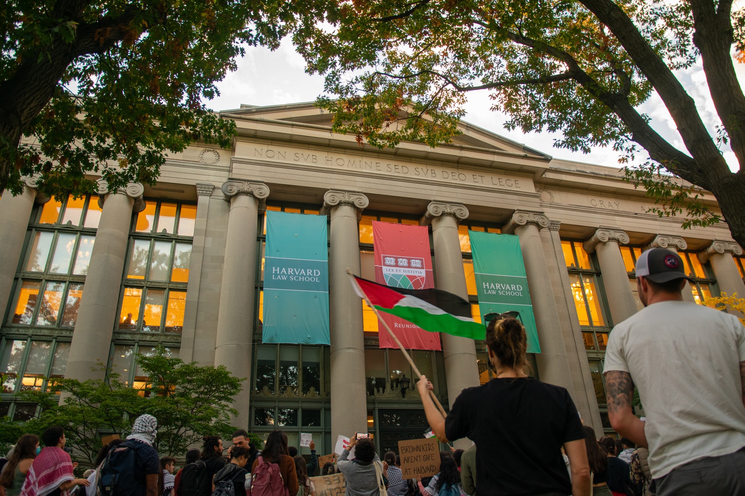 Prior to demonstrating at Memorial Hall, protesters rallied outside Harvard Law School’s Langdell Hall.