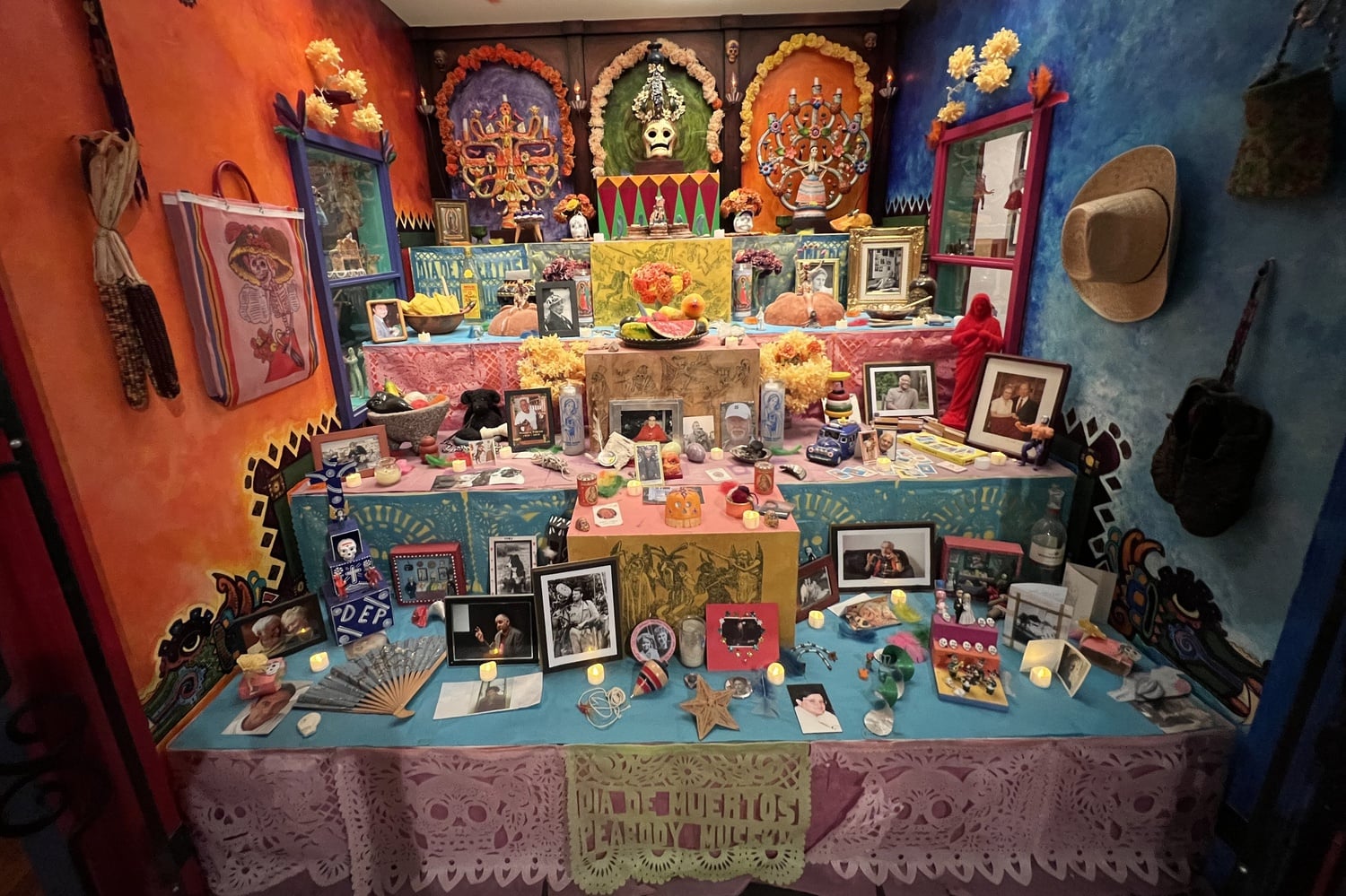The Harvard Peabody Museum of Archaeology and Ethnology hosted a Día de los Muertos celebration that included an altar decorated with pictures, food, personal items, Mexican figurines, and art.