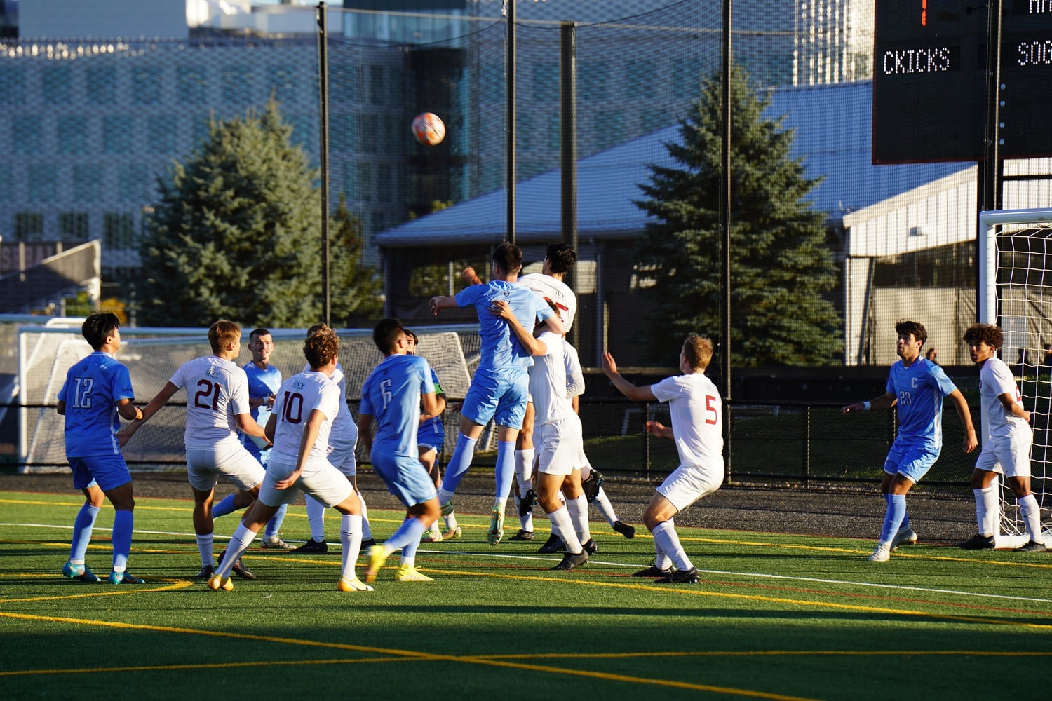 Harvard and Columbia battle for possession after a corner kick at Jordan Field on October 8, 2022.