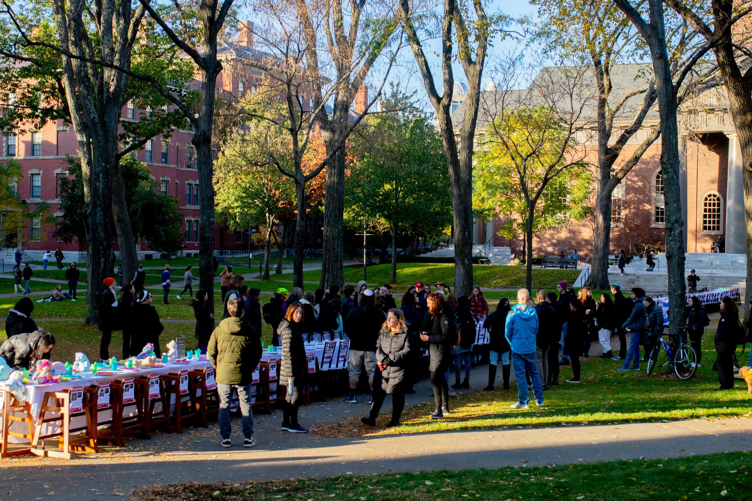Jewish students assembled a Shabbat table in Harvard Yard with hundreds of seats, representing the hostages held captive by Hamas.