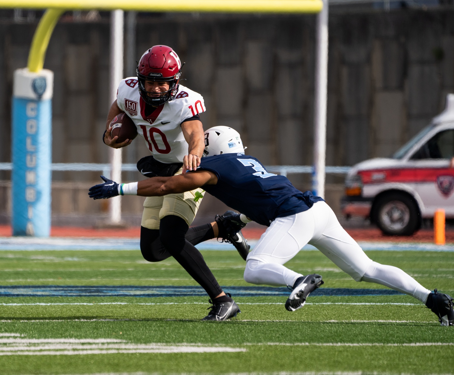 Sophomore quarterback Jaden Craig attempts to shed a tackler on the road against Columbia on November 4.