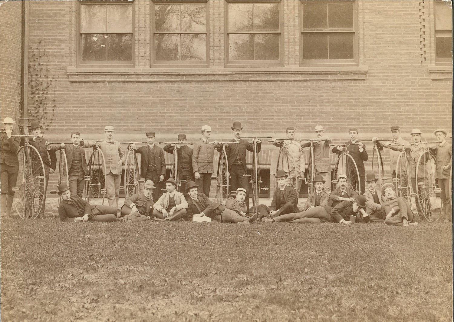 The men of the Harvard Bicycle Club pose for an 1885 photo with their high-wheelers — precursors to the modern-day bicycle. The oldest collegiate cycling club in the country, the HBC was both an athletic organization and a semi-exclusive social club during its relatively brief existence. HUPSF Bicycle Club (1).