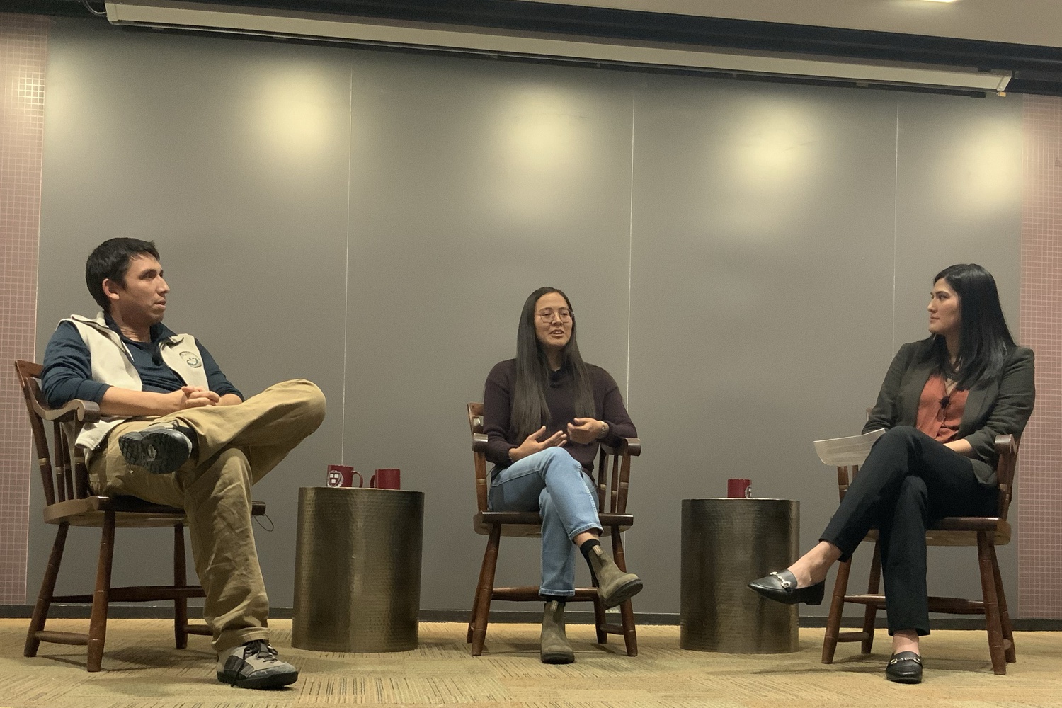 Left to right, scholars Wade Campbell, Cynthia Wilson, and Stephanie Mach discuss preserving Navajo cultural heritage at a Peabody Museum of Archaeology and Ethnology talk.
