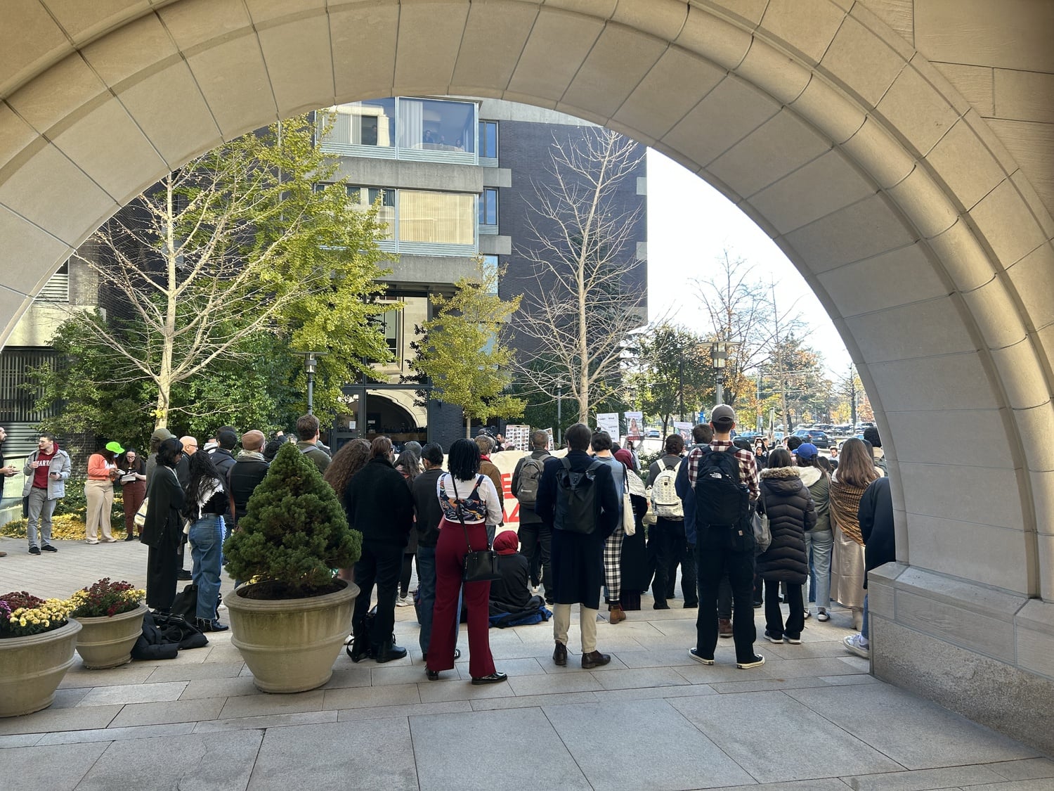 Students rallied outside Wasserstein Hall as part of a "Day of Action" by Law Students for a Free Palestine.