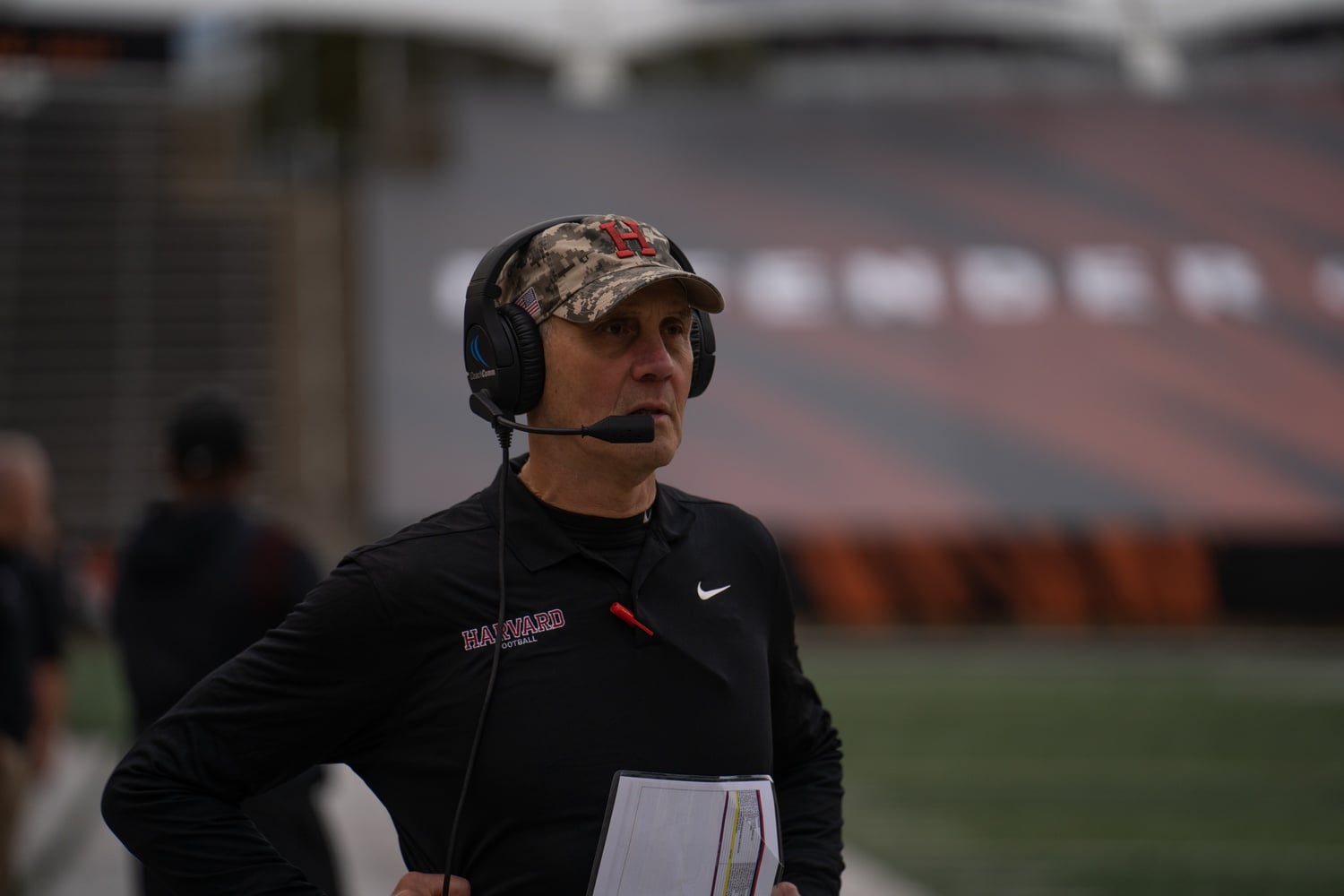 Harvard football head coach Tim Murphy locks his eyes on the field during the Crimson's only loss of its 2023 season so far at Princeton on Oct. 21.