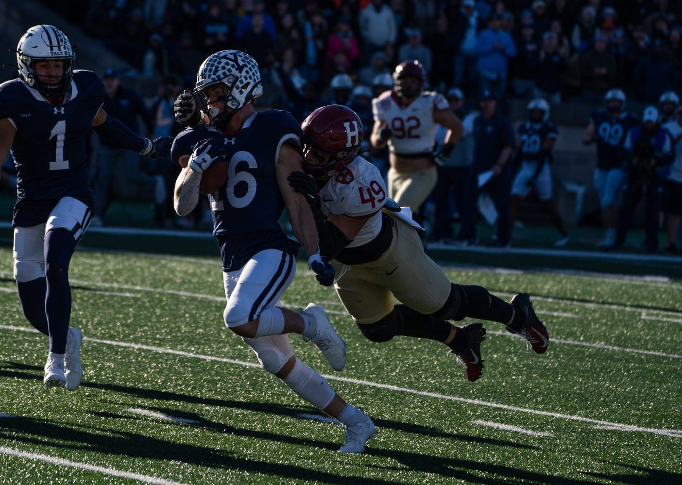 Senior linebacker Matt Hudson dives for a tackle against a Bulldog in the Nov. 19, 2023 rendition of The Game in New Haven, Conn. Hudson matched his career-high of 12 tackles.