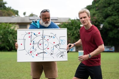 Cover image for Still of David Fane and Michael Fassbender in "Next Goal Wins."